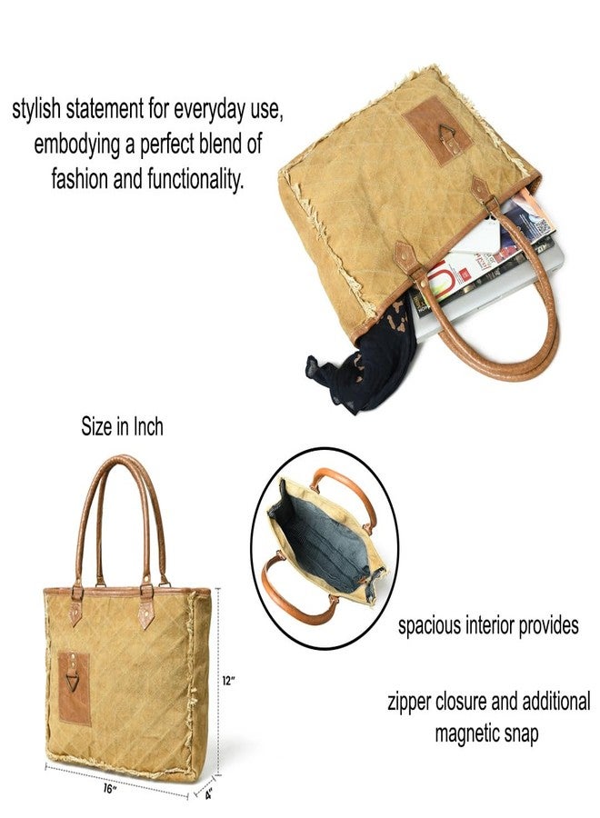 MaheTri Beige Boho Chic Canvas Bag | Zipper Handbags for Women | Inner Pocket for Shopping | Office & Daily Use - Image 3